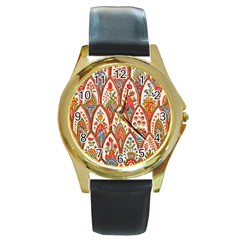 Vintage Pattern Fabric Floral Flowers European Nature Round Gold Metal Watch by Maspions