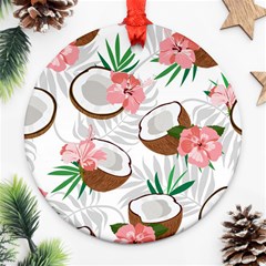 Seamless Pattern Coconut Piece Palm Leaves With Pink Hibiscus Ornament (round) by Apen