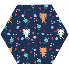 Cute Astronaut Cat With Star Galaxy Elements Seamless Pattern Wooden Puzzle Hexagon by Apen