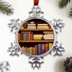 Book Nook Books Bookshelves Comfortable Cozy Literature Library Study Reading Room Fiction Entertain Metal Large Snowflake Ornament by Maspions