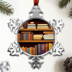 Book Nook Books Bookshelves Comfortable Cozy Literature Library Study Reading Room Fiction Entertain Metal Small Snowflake Ornament by Maspions