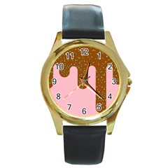 Ice Cream Dessert Food Cake Chocolate Sprinkles Sweet Colorful Drip Sauce Cute Round Gold Metal Watch by Maspions