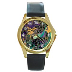 Flowers Trees Forest Mystical Forest Nature Round Gold Metal Watch by Maspions