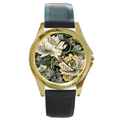 Flower Blossom Bloom Botanical Spring Nature Floral Pattern Leaves Round Gold Metal Watch by Maspions