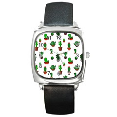 Cactus Plants Background Pattern Seamless Square Metal Watch by Maspions