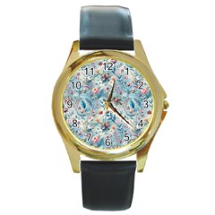 Floral Background Wallpaper Flowers Bouquet Leaves Herbarium Seamless Flora Bloom Round Gold Metal Watch by Maspions