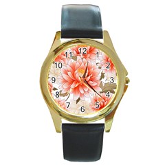 Flowers Plants Sample Design Rose Garden Flower Decoration Love Romance Bouquet Round Gold Metal Watch by Maspions