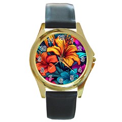 Hibiscus Flowers Colorful Vibrant Tropical Garden Bright Saturated Nature Round Gold Metal Watch by Maspions