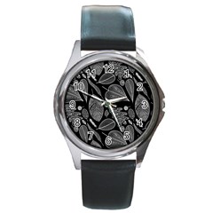 Leaves Flora Black White Nature Round Metal Watch by Maspions