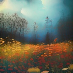 Wildflowers Field Outdoors Clouds Trees Cover Art Storm Mysterious Dream Landscape Play Mat (square) by Posterlux