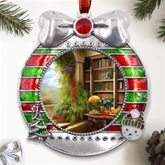 Room Interior Library Books Bookshelves Reading Literature Study Fiction Old Manor Book Nook Reading Metal X mas Ribbon With Red Crystal Round Ornament by Posterlux