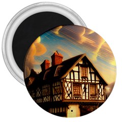 Village House Cottage Medieval Timber Tudor Split Timber Frame Architecture Town Twilight Chimney 3  Magnets by Posterlux