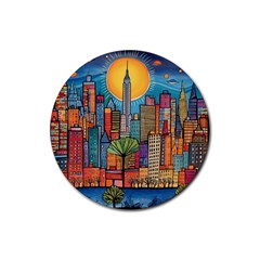 City New York Nyc Skyscraper Skyline Downtown Night Business Urban Travel Landmark Building Architec Rubber Round Coaster (4 Pack) by Posterlux