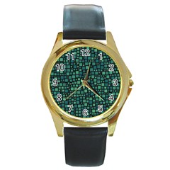 Squares Cubism Geometric Background Round Gold Metal Watch by Maspions