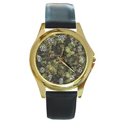 Green Camouflage Military Army Pattern Round Gold Metal Watch by Maspions