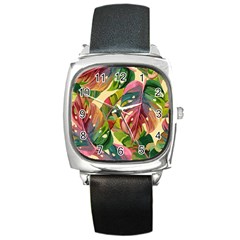 Monstera Colorful Leaves Foliage Square Metal Watch by Maspions