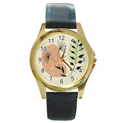 Flora Floral Flower Nature Plant Doodle Round Gold Metal Watch by Maspions