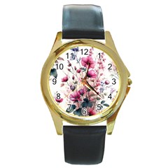 Flora Floral Flower Petal Round Gold Metal Watch by Maspions