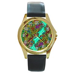 Background Leaves River Nature Round Gold Metal Watch by Maspions