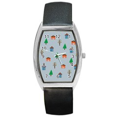 House Trees Pattern Background Barrel Style Metal Watch by Maspions