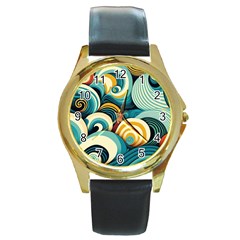 Wave Waves Ocean Sea Abstract Whimsical Round Gold Metal Watch by Maspions