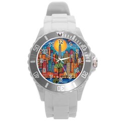 City New York Nyc Skyscraper Skyline Downtown Night Business Urban Travel Landmark Building Architec Round Plastic Sport Watch (l)