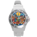 City New York Nyc Skyscraper Skyline Downtown Night Business Urban Travel Landmark Building Architec Round Plastic Sport Watch (L) Front