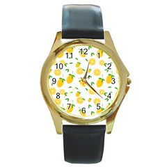 Illustrations Lemon Citrus Fruit Yellow Round Gold Metal Watch by anzea