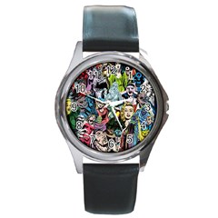 Vintage Horror Collage Pattern Round Metal Watch by Ket1n9