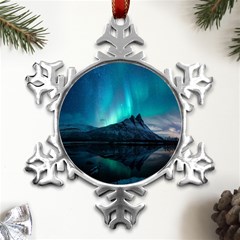 Aurora Borealis Mountain Reflection Metal Small Snowflake Ornament by Grandong