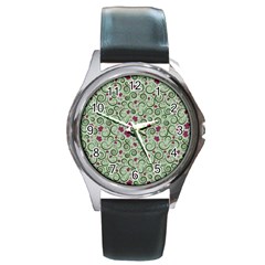 Swirls Foliage Leaves Green Round Metal Watch by Maspions