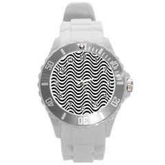 Black White Wave Pattern Wavy Water Seamless Round Plastic Sport Watch (l)