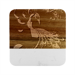 Colorful Peacock Bird Feathers Marble Wood Coaster (square) by Apen