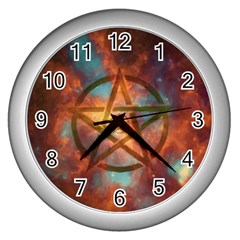 Enchanted Nebula Pentagram Art Wall Clock (silver) by ExtraAwesomeSauce