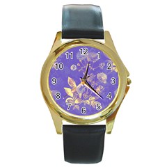 Flower Petal Bouquet Stem Floral Pattern Round Gold Metal Watch by Maspions