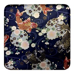 Japanese Wave Koi Illustration Pattern Square Glass Fridge Magnet (4 Pack) by Ndabl3x