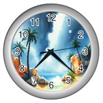 Delicate Watercolor Painting Surreal Oasis Scene With Intense Dramatic Lighting Wall Clock (Silver) Front