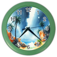 Delicate Watercolor Painting Surreal Oasis Scene With Intense Dramatic Lighting Color Wall Clock by pollyparadiseartshop