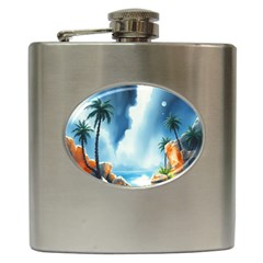 Delicate Watercolor Painting Surreal Oasis Scene With Intense Dramatic Lighting Hip Flask (6 Oz) by pollyparadiseartshop